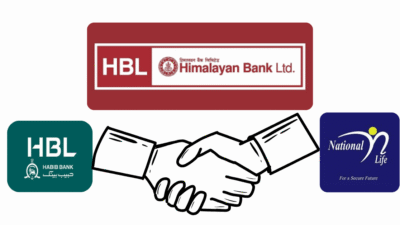A graphic showing a handshake between Habib Bank and National Life Insurance, with Himalayan Bank Ltd. at the top, symbolizing the recent share purchase agreement.